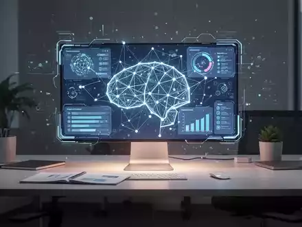Ein futuristischer Schreibtisch mit einer holografischen Projektion, die eine vernetzte Software-Plattform darstellt, symbolisiert KI-Produktivität für KMU. - Foto: über boerse-global.de