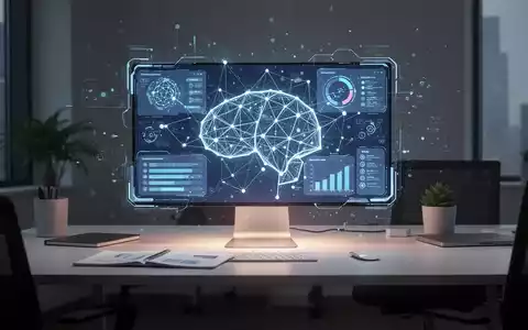 Ein futuristischer Schreibtisch mit einer holografischen Projektion, die eine vernetzte Software-Plattform darstellt, symbolisiert KI-Produktivität für KMU. - Foto: über boerse-global.de