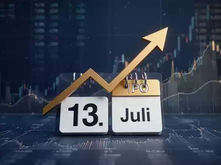 Eine stilisierte Darstellung eines Börsengangs mit einem aufsteigenden Pfeil und dem Datum '13. Juli' vor Finanzcharts. - Foto: über boerse-global.de