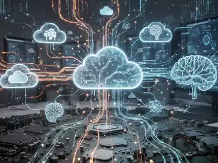 Abstrakte Darstellung von vernetzten digitalen Elementen, die Cloud, KI und Hardware symbolisieren, in einem produktiven Arbeitsbereich. - Foto: über boerse-global.de