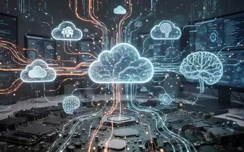 Abstrakte Darstellung von vernetzten digitalen Elementen, die Cloud, KI und Hardware symbolisieren, in einem produktiven Arbeitsbereich. - Foto: über boerse-global.de