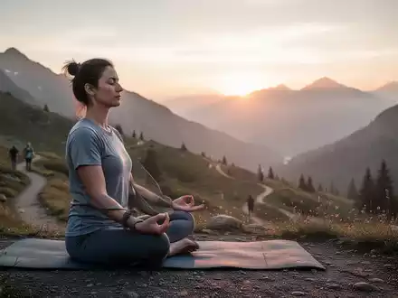 Eine Person meditiert in bequemer Sportkleidung in einer ruhigen Berglandschaft bei Sonnenaufgang, mit Wanderweg und Yogamatte. - Foto: über boerse-global.de