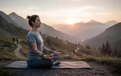 Eine Person meditiert in bequemer Sportkleidung in einer ruhigen Berglandschaft bei Sonnenaufgang, mit Wanderweg und Yogamatte. - Foto: über boerse-global.de