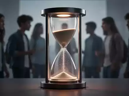 Eine stilisierte Sanduhr, deren Sand schnell fließt, vor verschwommenen Silhouetten junger Erwachsener, die schnelles Altern symbolisieren. - Foto: über boerse-global.de