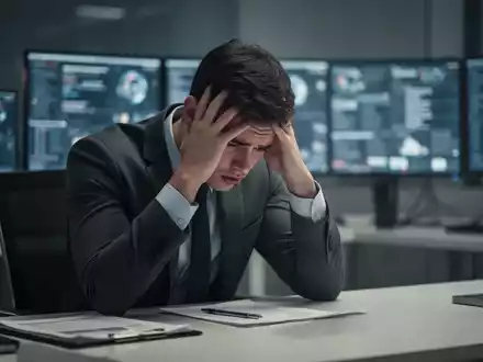 Eine junge Person mit dem Kopf in den Händen, sitzt überfordert an einem Schreibtisch mit unscharfen Bildschirmen im Hintergrund. - Foto: über boerse-global.de