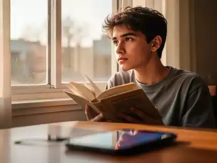 Eine junge Person liest ein physisches Buch, während ein unscharfes Smartphone im Vordergrund liegt und Entschleunigung symbolisiert. - Foto: über boerse-global.de