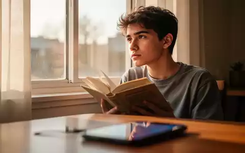 Eine junge Person liest ein physisches Buch, während ein unscharfes Smartphone im Vordergrund liegt und Entschleunigung symbolisiert. - Foto: über boerse-global.de