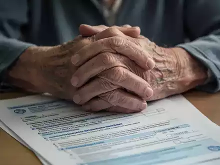Nahaufnahme der Hände einer älteren Person, die auf einem Dokument ruhen, das finanzielle und pflegerelevante Begriffe zeigt. - Foto: über boerse-global.de