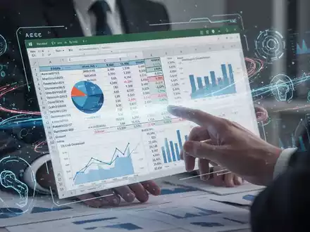 Hände interagieren mit holografischer Excel-Tabelle mit Finanzdaten, Diagrammen und KI-Elementen, symbolisiert fortschrittliche Automatisierung. - Foto: über boerse-global.de