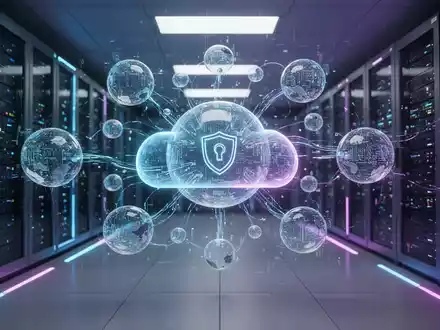Abstrakte Visualisierung von sicherem Cloud-Datenmanagement mit vernetzten digitalen Sphären und leuchtenden Datenströmen in einem Serverraum. - Foto: über boerse-global.de