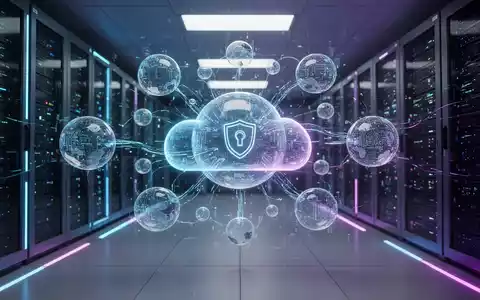 Abstrakte Visualisierung von sicherem Cloud-Datenmanagement mit vernetzten digitalen Sphären und leuchtenden Datenströmen in einem Serverraum. - Foto: über boerse-global.de