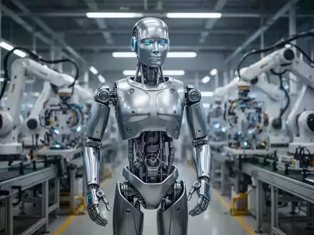 Ein humanoider Roboter mit schlankem, metallischem Design steht in einer modernen Fertigungsanlage, umgeben von automatisierten Maschinen. - Foto: über boerse-global.de