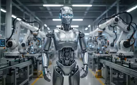 Ein humanoider Roboter mit schlankem, metallischem Design steht in einer modernen Fertigungsanlage, umgeben von automatisierten Maschinen. - Foto: über boerse-global.de