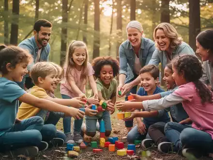 Eine Gruppe lachender Kinder und Erwachsener nimmt an einer spielerischen Outdoor-Aktivität teil, die Zusammenhalt und Resilienz fördert. - Foto: über boerse-global.de