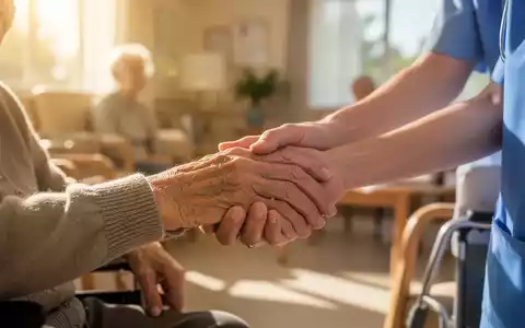 Eine Nahaufnahme der Hand einer älteren Person, die sanft von der Hand einer Pflegekraft gehalten wird, im Hintergrund ein sonniges Pflegeheim. - Foto: über boerse-global.de