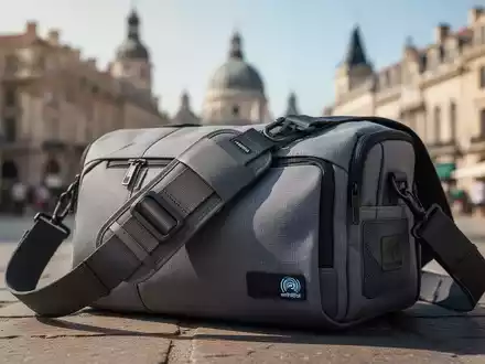 Eine moderne, diebstahlsichere Reisetasche mit verstärktem Gurt und RFID-Schutz, vor verschwommenem Hintergrund einer europäischen Stadt. - Foto: über boerse-global.de