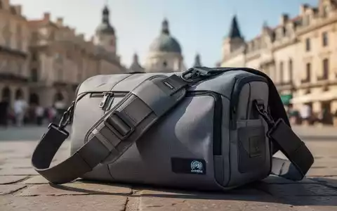 Eine moderne, diebstahlsichere Reisetasche mit verstärktem Gurt und RFID-Schutz, vor verschwommenem Hintergrund einer europäischen Stadt. - Foto: über boerse-global.de