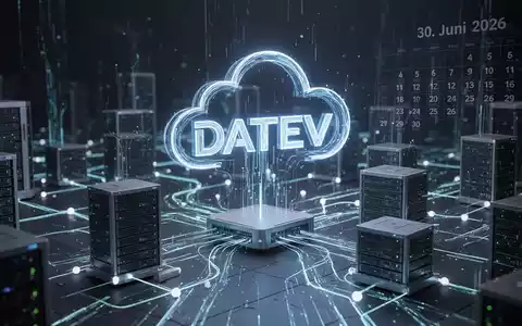 Ein stilisiertes, leuchtendes DATEV-Logo über einem Netzwerk von Servern und Datenströmen, das Cloud-Migration und digitale Identität darstellt. - Foto: über boerse-global.de