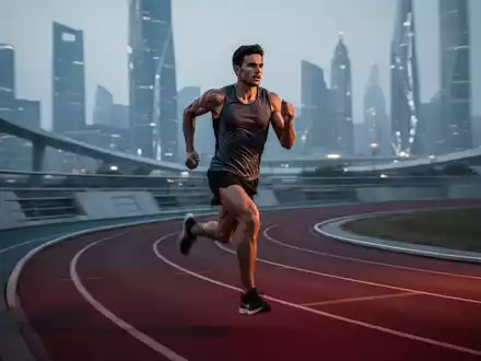 Ein Läufer in Bewegung auf einer modernen Laufbahn bei Sonnenuntergang, mit einer verschwommenen Stadtkulisse im Hintergrund. - Foto: über boerse-global.de