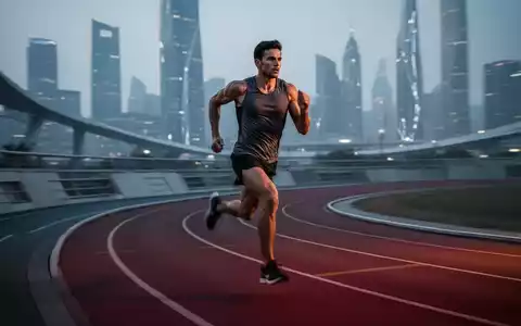Ein Läufer in Bewegung auf einer modernen Laufbahn bei Sonnenuntergang, mit einer verschwommenen Stadtkulisse im Hintergrund. - Foto: über boerse-global.de