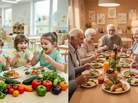 Kinder essen gesundes Essen in einer Kita, während Senioren gemeinsam eine gesunde Mahlzeit genießen. - Foto: über boerse-global.de