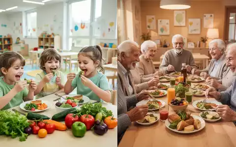 Kinder essen gesundes Essen in einer Kita, während Senioren gemeinsam eine gesunde Mahlzeit genießen. - Foto: über boerse-global.de