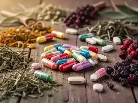 Eine Nahaufnahme von Nahrungsergänzungsmitteln, darunter Kapseln, Kräuter und Beeren, auf einem Holztisch, die Gesundheit und Wohlbefinden symbolisieren. - Foto: über boerse-global.de