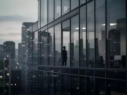 Ein modernes Bürogebäude bei Dämmerung, in dem sich eine einsame Silhouette in einem Fenster spiegelt, die Unsicherheit darstellt. - Foto: über boerse-global.de