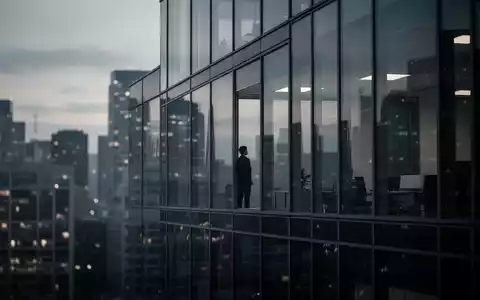 Ein modernes Bürogebäude bei Dämmerung, in dem sich eine einsame Silhouette in einem Fenster spiegelt, die Unsicherheit darstellt. - Foto: über boerse-global.de