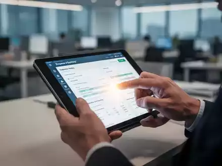 Hände, die auf einem Tablet oder Smartphone eine App zur Reisekostenabrechnung bedienen, mit unscharfem Bürohintergrund. - Foto: über boerse-global.de