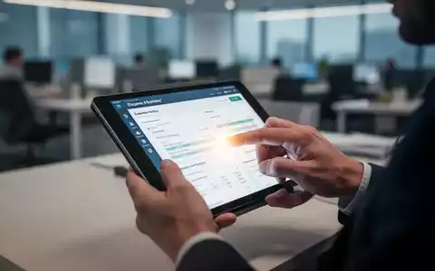 Hände, die auf einem Tablet oder Smartphone eine App zur Reisekostenabrechnung bedienen, mit unscharfem Bürohintergrund. - Foto: über boerse-global.de