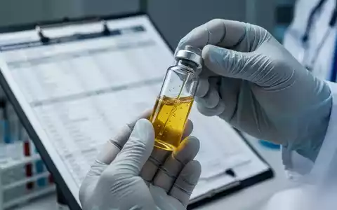 Nahaufnahme der Hände eines medizinischen Fachpersonals, das ein Reagenzglas mit gelblicher Flüssigkeit hält, um hohe Triglyceride darzustellen. - Foto: über boerse-global.de