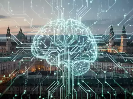Leuchtende neuronale Netzwerkplatine, die KI-Technologie symbolisiert, über dezenter Wiener Skyline. - Foto: über boerse-global.de