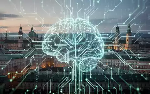 Leuchtende neuronale Netzwerkplatine, die KI-Technologie symbolisiert, über dezenter Wiener Skyline. - Foto: über boerse-global.de