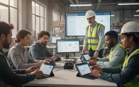 Mitarbeiter nehmen an einer digitalen Arbeitsschutzunterweisung teil, während ein Sicherheitsexperte berät. - Foto: über boerse-global.de