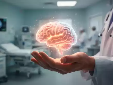 Eine Hand hält ein kleines, leuchtendes Gehirnmodell vor einem verschwommenen Hintergrund, der ein Krankenhaus darstellt. - Foto: über boerse-global.de