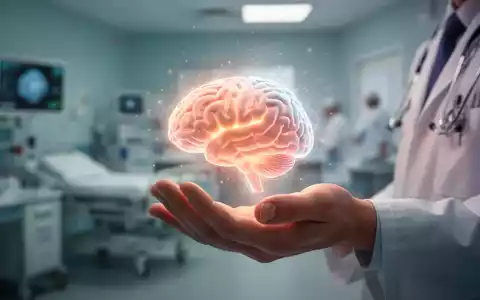 Eine Hand hält ein kleines, leuchtendes Gehirnmodell vor einem verschwommenen Hintergrund, der ein Krankenhaus darstellt. - Foto: über boerse-global.de