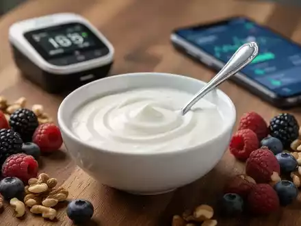 Eine Schale Naturjoghurt mit Beeren und Nüssen auf einem Holztisch, im Hintergrund ein Blutzuckermessgerät und ein Smartphone. - Foto: über boerse-global.de