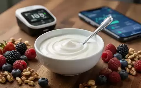 Eine Schale Naturjoghurt mit Beeren und Nüssen auf einem Holztisch, im Hintergrund ein Blutzuckermessgerät und ein Smartphone. - Foto: über boerse-global.de