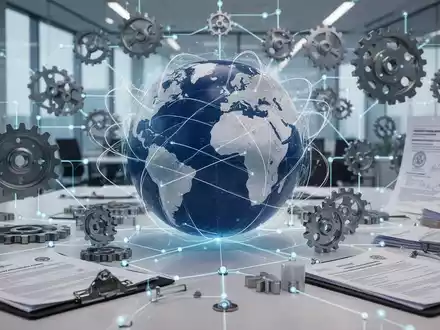 Ein komplexes Netzwerk aus Lieferkettenelementen, Zahnrädern und Rechtsdokumenten, die Vorschriften und Sorgfaltspflicht symbolisieren. - Foto: über boerse-global.de