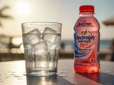 Ein Glas Wasser mit Eis und Kondenswasser neben einer Flasche Elektrolytgetränk, mit verschwommenem, sonnigem Hintergrund. - Foto: über boerse-global.de