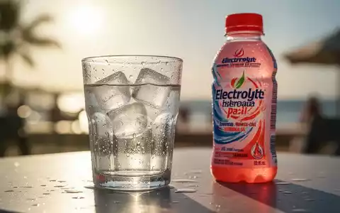 Ein Glas Wasser mit Eis und Kondenswasser neben einer Flasche Elektrolytgetränk, mit verschwommenem, sonnigem Hintergrund. - Foto: über boerse-global.de