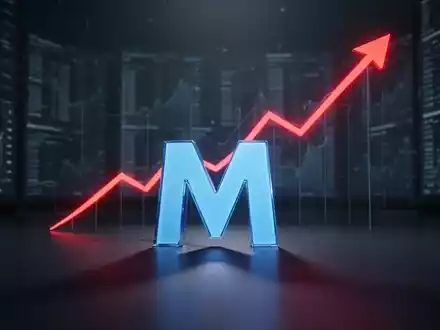 Ein blaues, leuchtendes 'M'-Symbol von Microsoft auf einer reflektierenden Oberfläche mit einem steil ansteigenden roten Preisdiagramm dahinter. - Foto: über boerse-global.de