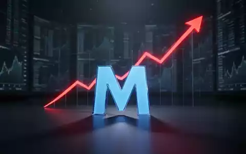 Ein blaues, leuchtendes 'M'-Symbol von Microsoft auf einer reflektierenden Oberfläche mit einem steil ansteigenden roten Preisdiagramm dahinter. - Foto: über boerse-global.de