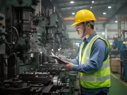 Ein Sicherheitsbeauftragter in Schutzkleidung inspiziert Maschinen in einer vietnamesischen Fabrik, Fokus auf Arbeitssicherheit. - Foto: über boerse-global.de