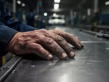 Nahaufnahme der Hände eines Fabrikarbeiters, die auf einer Oberfläche ruhen, mit verschwommenem Hintergrund einer leeren Montagelinie. - Foto: über boerse-global.de