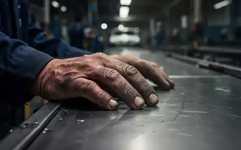 Nahaufnahme der Hände eines Fabrikarbeiters, die auf einer Oberfläche ruhen, mit verschwommenem Hintergrund einer leeren Montagelinie. - Foto: über boerse-global.de
