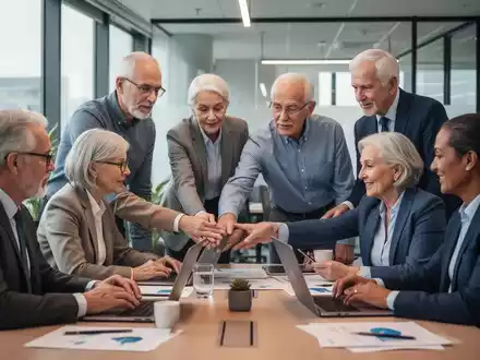 Ältere und jüngere Geschäftsleute arbeiten zusammen an einem Tisch in einem modernen Büro und tauschen Wissen und Erfahrungen aus. - Foto: über boerse-global.de