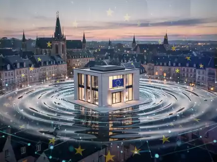 Stilisierter digitaler Welleneffekt von einem modernen Gebäude in der Skyline Luxemburgs, Symbol für Krypto-Regulierung und Compliance. - Foto: über boerse-global.de