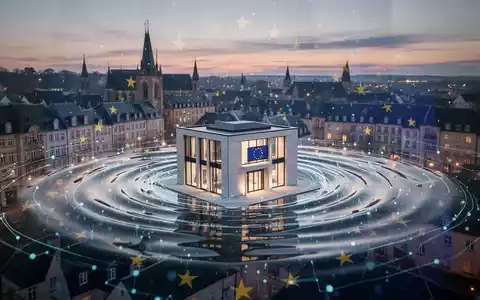 Stilisierter digitaler Welleneffekt von einem modernen Gebäude in der Skyline Luxemburgs, Symbol für Krypto-Regulierung und Compliance. - Foto: über boerse-global.de